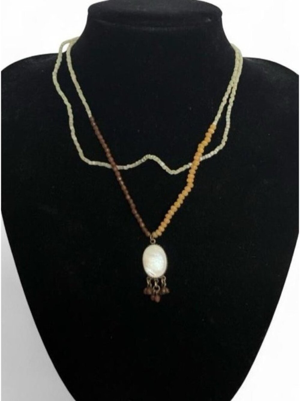 Vintage Boho Beaded Pearl Pendant Necklace Brown Cream Gold Tone